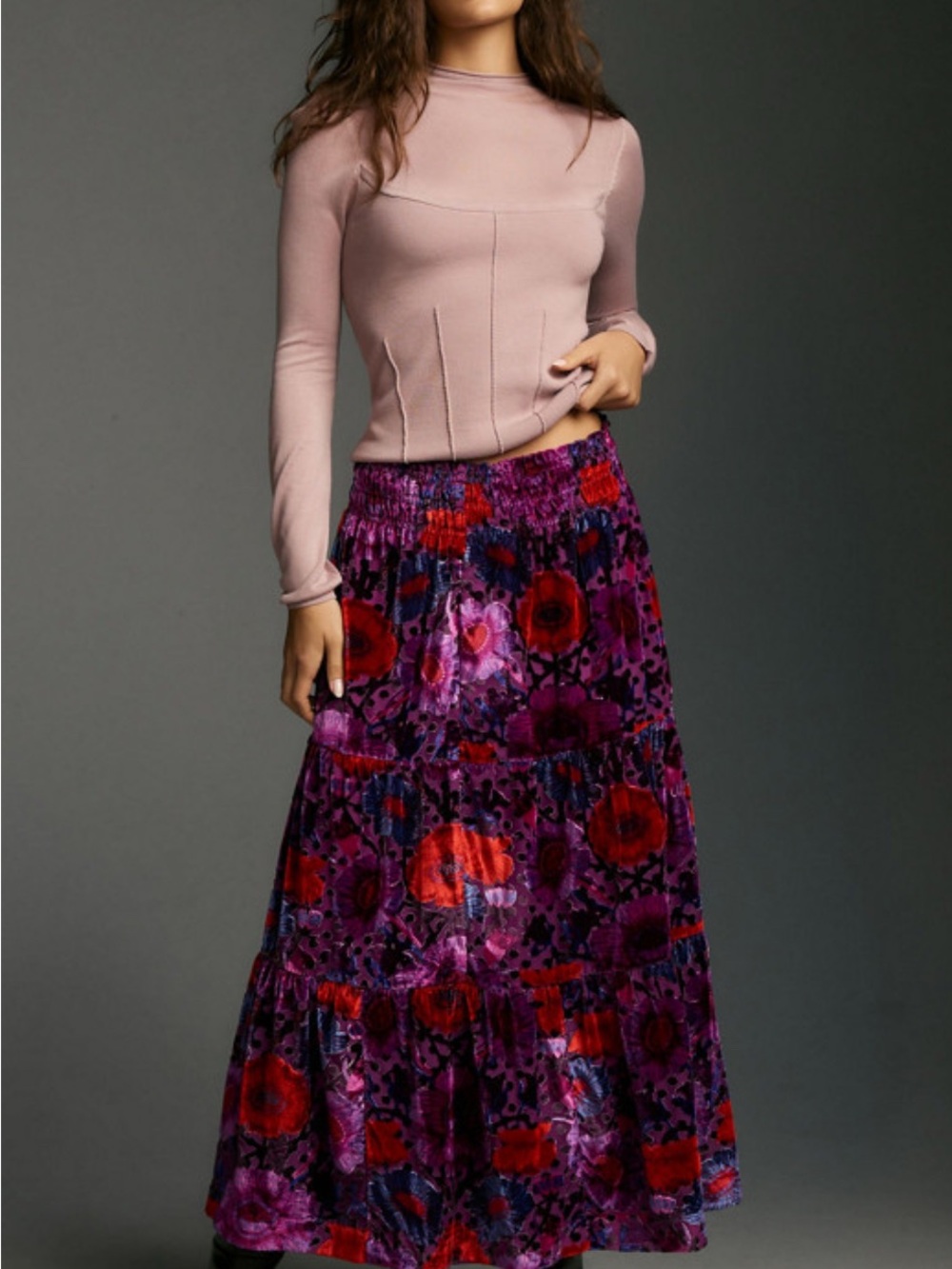 Anthropologie Nina Pace Velvet Burnout Tiered Maxi Skirt in Purple and Red NUULY